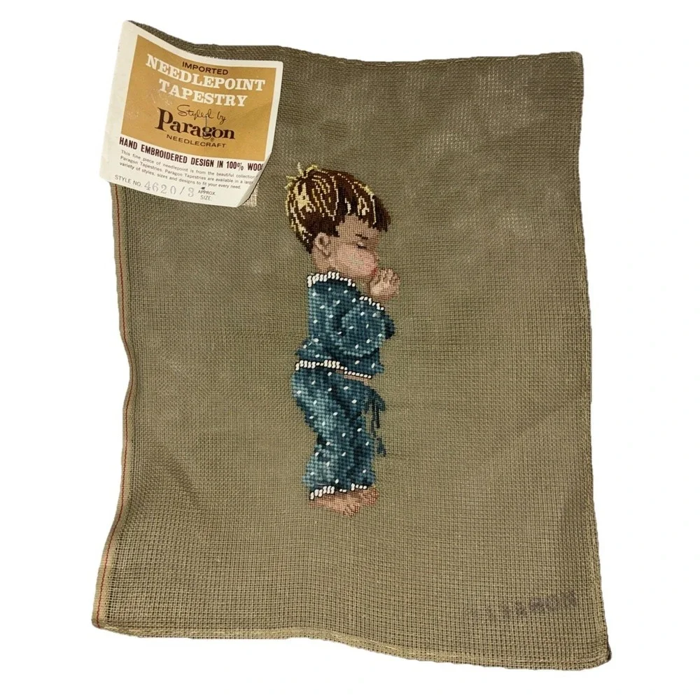 Paragon Needlepoint Tapestry Preworked Praying‎ Boy Girl Bedtime Prayer Vtg NEW